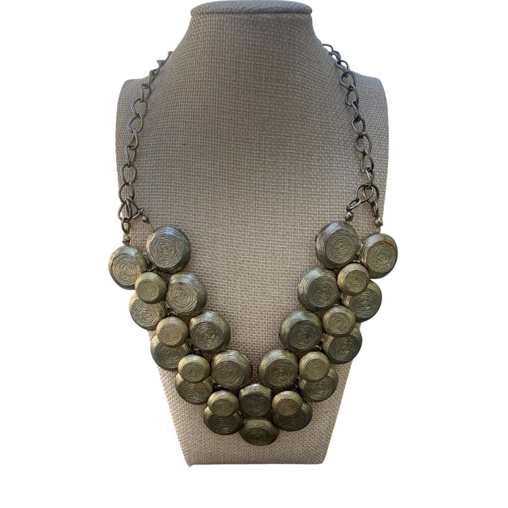 Lucia Statement Necklace Silver Tone Textured Disc Bib Chunky Boho Adjustable